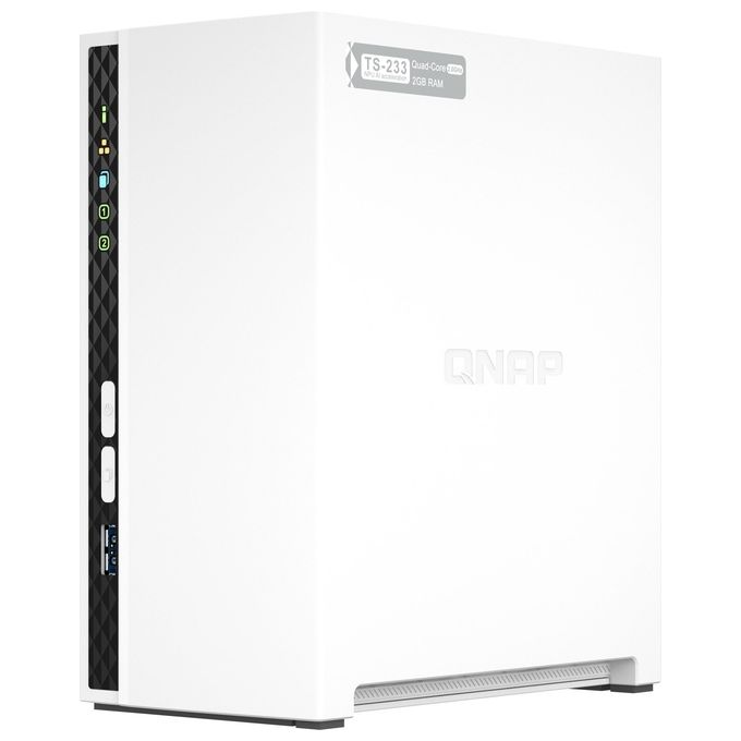 Qnap TS-233 NAS Tower ARM Cortex-A55 Quad-Core 2 GHz 2 GB RAM SATA HDD SSD QTS 5.0 colore Bianco