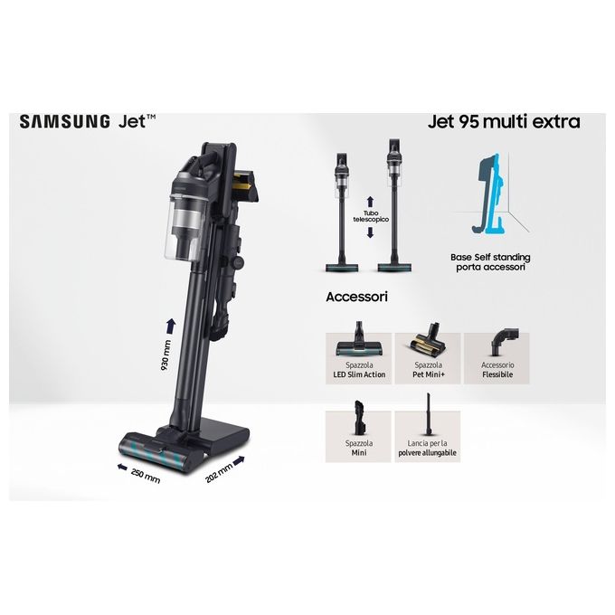 Samsung VS20C955CTK Jet 95 Aspirapolvere a Bastone Senza Sacco Multiciclonico 0,8 L 210W 120 min 86 dB colore Nero