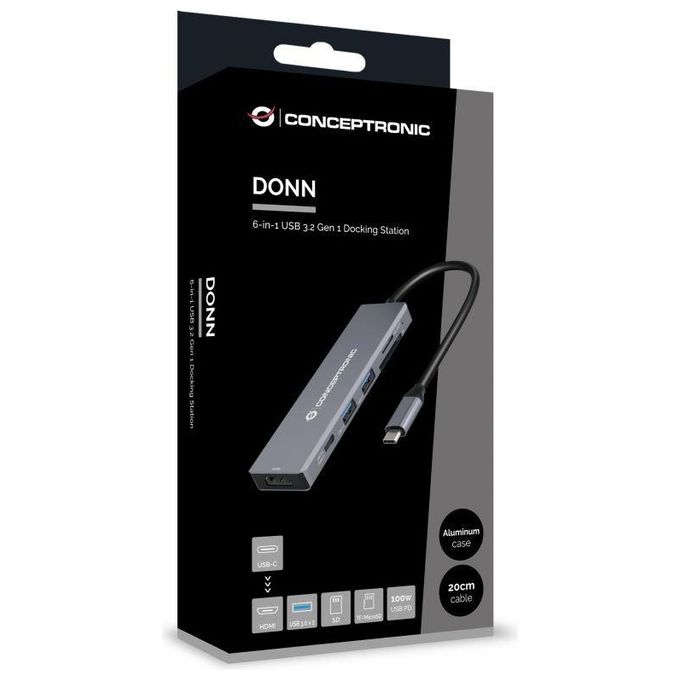 Conceptronic DONN23G Docking Station 6 in 1 USB 3.2 Gen 1 USB 3.0 x 2 100 W USB PD HDMI 4K 60Hz SD TF MicroSD colore Grigio