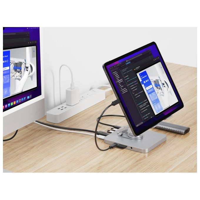 Conceptronic DONN26G Supporto per Tablet con Docking Station 8 in 1 USB 3.2 Gen 1 HDMI 4K 100W Power Delivery colore Argento