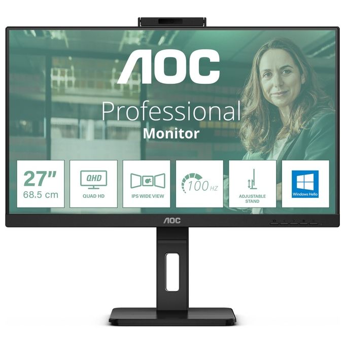 AOC Q27P3CW Pro-line Monitor PC 27'' Quad HD IPS LED 2560x1440 Webcam 5MP USB-C 65W Hub USB 3.2 colore Nero
