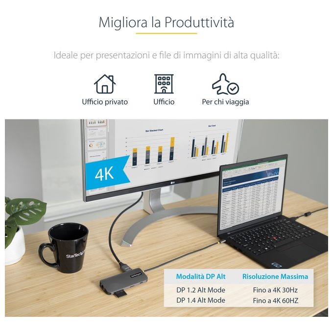 StarTech 115B-USBC-MULTIPORT Hub USB-C 8in1 HDMI 4K 60Hz 3x USB-A 5Gbps GbE SD MicroSD PD 100W cavo 30cm colore Grigio