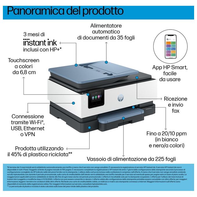 HP 40Q47B OfficeJet Pro 8135e Stampante Multifunzione Inkjet A4 Colori 20 ppm Fronte Retro ADF Wi-Fi colore Grigio