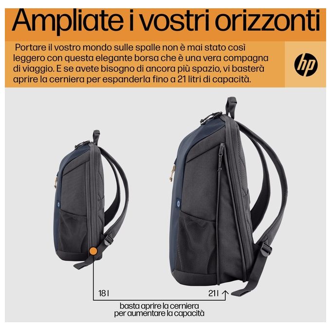 HP 6B8U7AA Travel Zaino per Laptop 15.6'' 18 L espandibile 21 L resistente all'acqua colore Blu