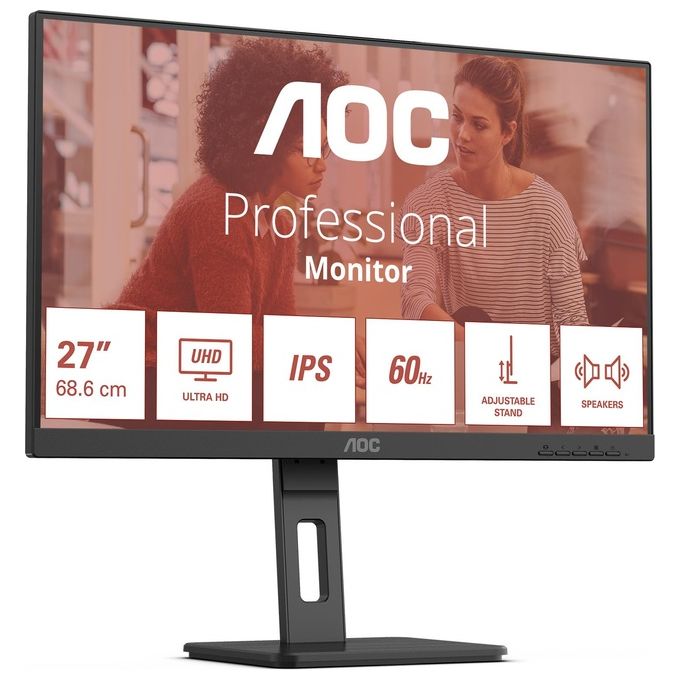 AOC U27E3UF Monitor PC 27'' IPS 4K UHD 3840x2160 60 Hz Adaptive Sync Altoparlanti Hub USB 3.2 Regolazione Altezza colore Nero