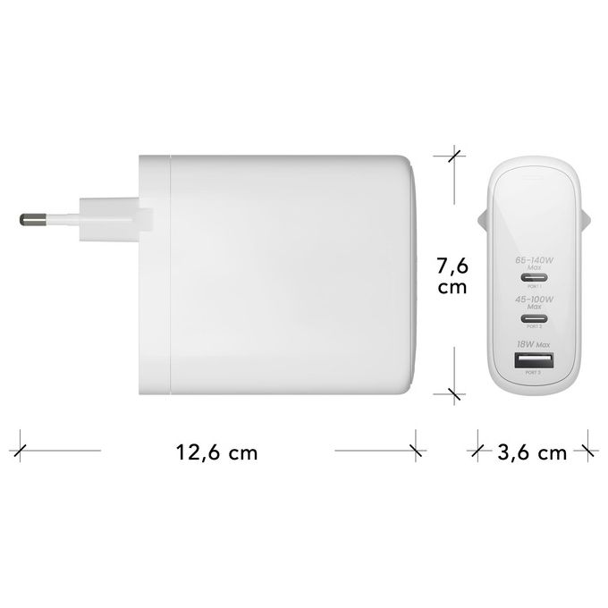 Dbramante1928 CI140EUWH7101 re-charge Pro Caricatore da parete USB-C 140W+100W+18W tecnologia GaN colore Bianco