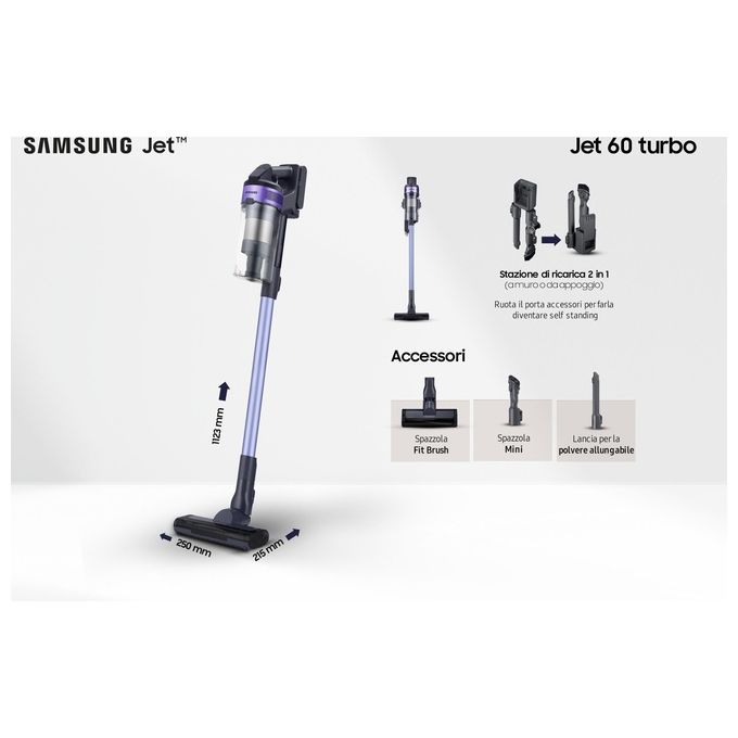 Samsung VS15A6031R4ET Jet 60 Turbo Aspirapolvere Senza Fili 150W autonomia 40 min filtro 99.999% 0.80 L 86 dB colore Viola