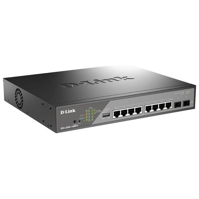 D-Link DSS-200G-10MPP Switch di Rete Gestito L2 10 Porte Gigabit Ethernet con 8 Porte PoE 90W 2 Slot SFP 242W Totale PoE 1U colore Nero Grigio