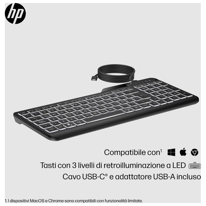 HP 7N7C1AA 405 Tastiera cablata retroilluminata USB-C Full-size multidispositivo tasti a membrana basso profilo colore Nero