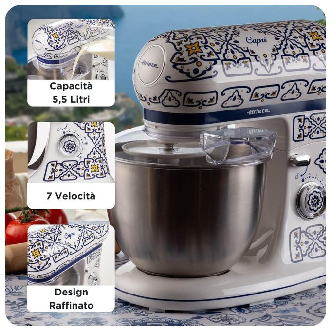 Ariete 1588 Capri Impastatrice Planetaria 1200 W 5,5 L 7 velocita' ciotola Acciaio Inox colore Bianco Azzurro