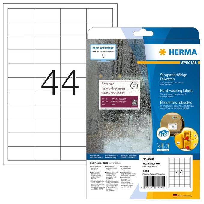 Herma Etichette Resistenti 48,3x25,4mm 25 Fogli A4 1100 Pezzi