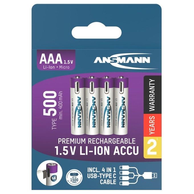 Ansmann Lithium Akku Micro AAA 400mAh  Cable 4 Pezzi