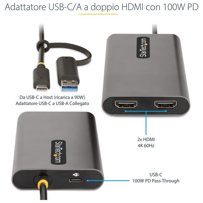 StarTech 109B-USBC-HDMI Adattatore USB-C a doppio HDMI 4K 60Hz Power Delivery 100W cavo integrato 30 cm colore Grigio
