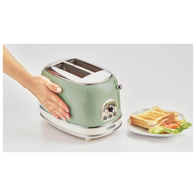 Ariete 155 Tostapane Vintage Verde 2 Fette con Pinze 6 Livelli di Tostatura 810W Corpo Acciaio Inossidabile Vassoio Raccoglibriciole Estraibile