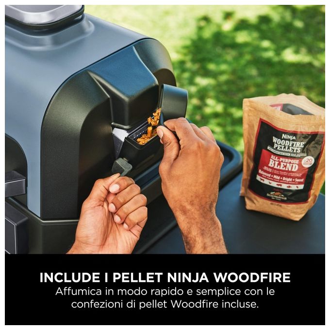 Ninja OG901EU Woodfire Pro Connect XL Barbecue Elettrico 7 in 1 Griglia Affumicatore Friggitrice ad Aria 1700W App Wi-Fi IPX4 colore Nero