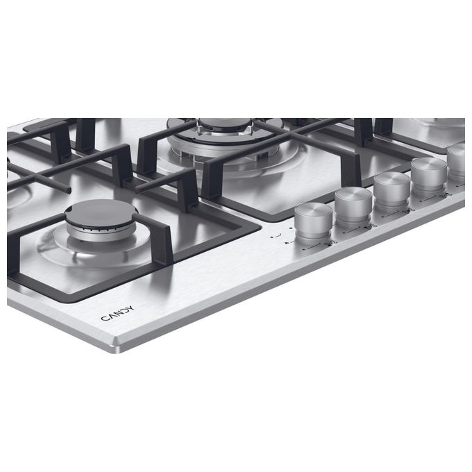CANDY CHG93WX1 Moderna Piano cottura a Gas 86 cm 5 Fuochi Bruciatore Doppia Corona 3,5 kW Griglie in Ghisa colore Acciaio inox