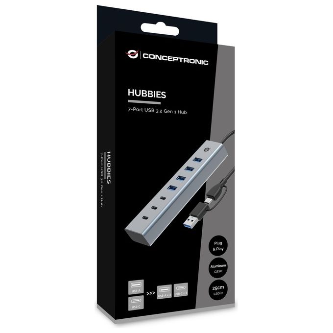 Conceptronic HUBBIES20G Hub USB 3.2 Gen 1 a 7 porte 4 x USB-A 3 x USB-C 5 Gbps con cavo host ibrido 2-in-1 alimentazione USB-C 5V-3A colore Grigio