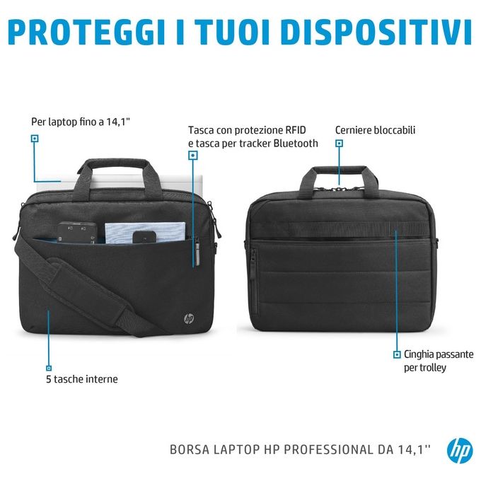HP 500S8AA Borsa per laptop Professional da 14,1 pollici Plastica resistente all'acqua Tasca RFID Passante per bagagli colore Nero