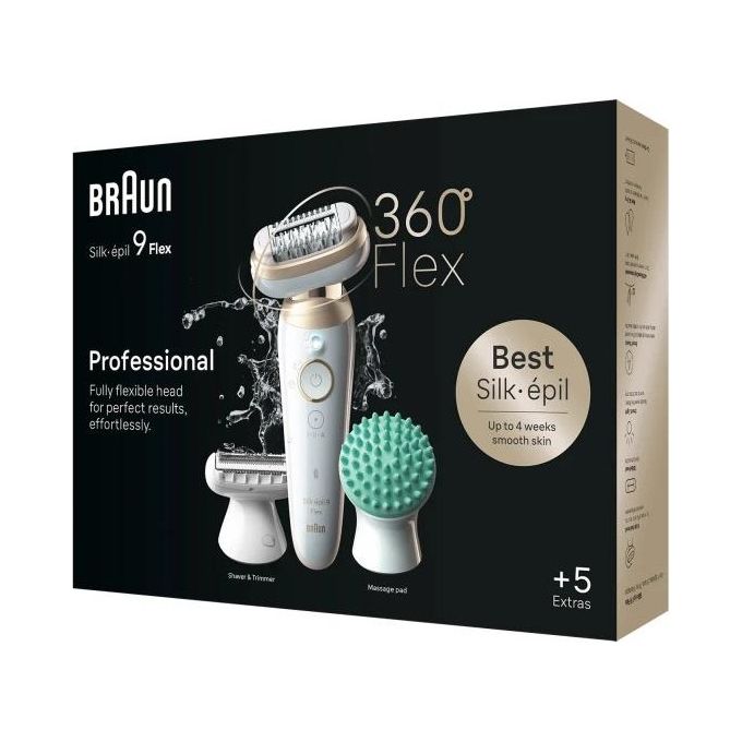Braun FLEX 9-071 3D Silk-épil 9 Epilatore Donna Wet and Dry 40 Pinzette MicroGrip Testina Flessibile 360° Ricaricabile 50 min colore Bianco Oro