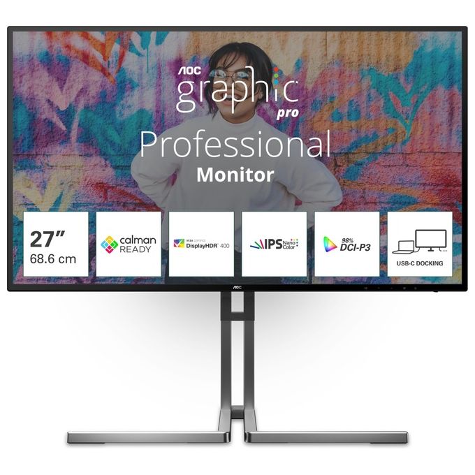 AOC U27U3CV Monitor 27'' UHD 3840x2160 Nano IPS 60Hz HDR400 Altezza Regolabile HDMI2x DP1x USB Hub Speaker colore Nero-Argento