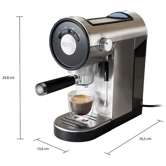 Unold 28636 Piccopresso Macchina da caffe' Espresso 0,9 L 20 bar 1360 W con Montalatte e Funzione Acqua Calda colore Acciaio inox-Nero