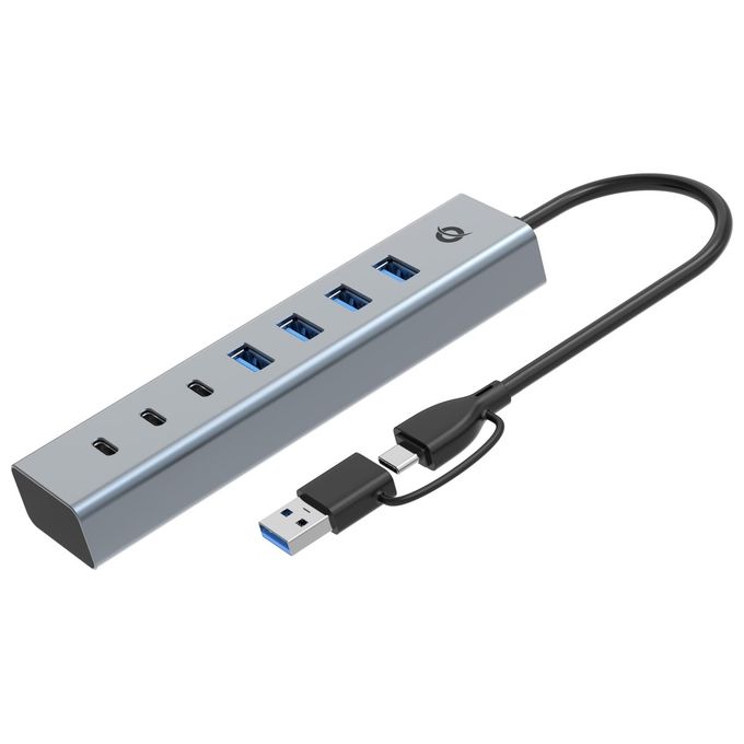 Conceptronic HUBBIES20G Hub USB 3.2 Gen 1 a 7 porte 4 x USB-A 3 x USB-C 5 Gbps con cavo host ibrido 2-in-1 alimentazione USB-C 5V-3A colore Grigio