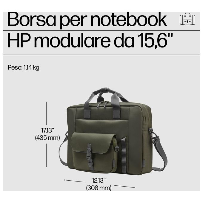 HP 9J4C2AA Modular Laptop Bag Nebula Borsa Porta PC 15.6'' Poliestere Resistente all'Acqua 22L colore Verde Grigio