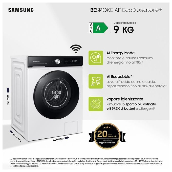 Samsung WW90DB7U94GEU3 BESPOKE AI Lavatrice Carica Frontale 9 Kg 1400 rpm Classe A Wi-Fi Ecodosatore Vapore (85x60x60 cm) colore Bianco