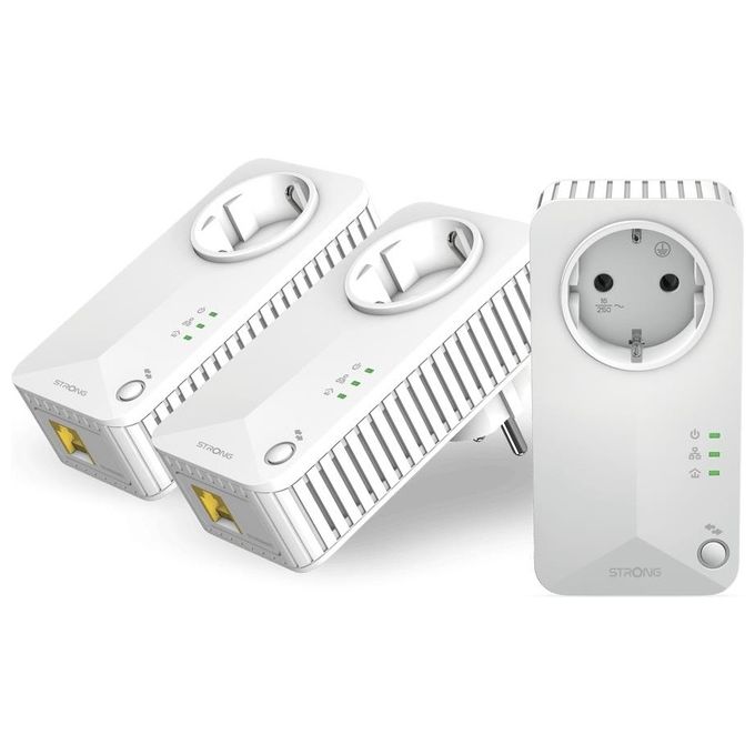 Strong PL600TRIEUV2 Kit Powerline 600 Mbps Triple Pack 3 Adattatori Presa Passante HomePlug AV AES 128 bit Plug and Play colore Bianco