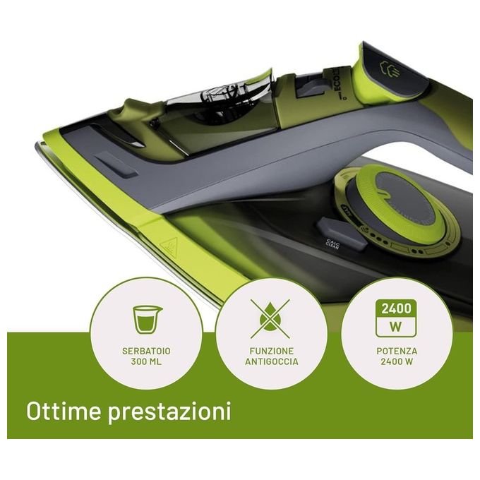 Imetec 9017 Eco Perfect Ferro da Stiro a Vapore 2400W Piastra Pro Ceramic Colpo Vapore 160g Serbatoio 300ml Tripla Protezione Anticalcare colore Verde Grigio