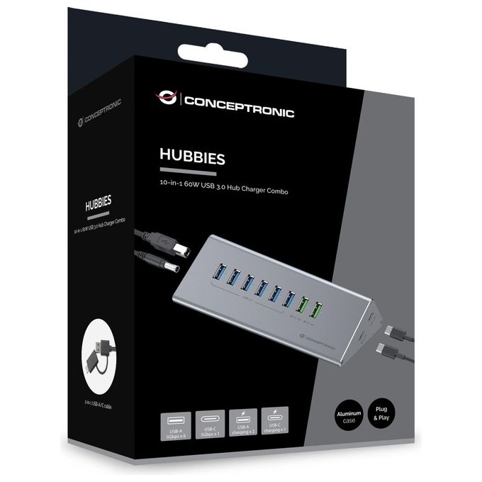 Conceptronic HUBBIES18G Hub Charger Combo USB 3.2 Gen 1 10 in 1 60 W con 6 Porte USB-A 3.0 1 Porta USB-C 3.0 2 Porte Ricarica USB-A 1 Porta Ricarica USB-C Cavo ibrido 2 in 1 incluso colore Grigio