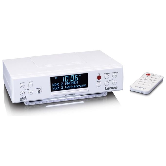 Lenco KCR-190 Radio da Cucina DAB+ FM Bluetooth 5.2 Display LCD 3.3'' 2 Sveglie Telecomando colore Bianco