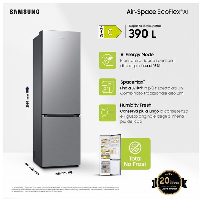 Samsung RB38C600CS9 EcoFlex AI Frigorifero Combinato 390 L 203 cm Classe C 35 dB No Frost Wi-Fi colore Acciaio Inox