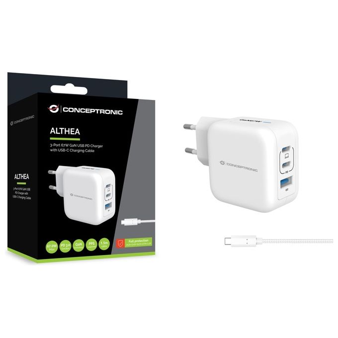 Conceptronic ALTHEA17W Caricatore USB GaN 67W con Power Delivery 3.0 Quick Charge 3.0 PPS 2 Porte USB-C 1 USB-A Cavo Incluso colore Bianco