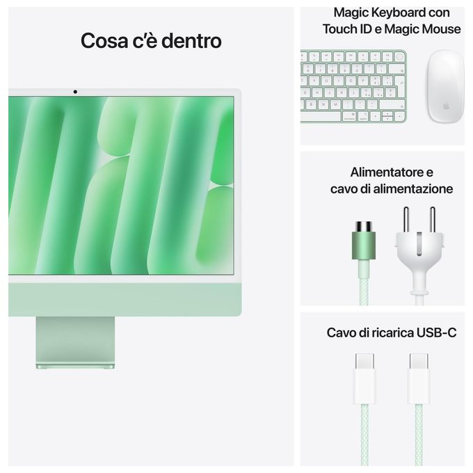 Apple MWUY3T-A iMac PC All in One Chip M4 10-core CPU 10-core GPU Display Retina 24'' 4.5K 16GB 256GB SSD colore Verde