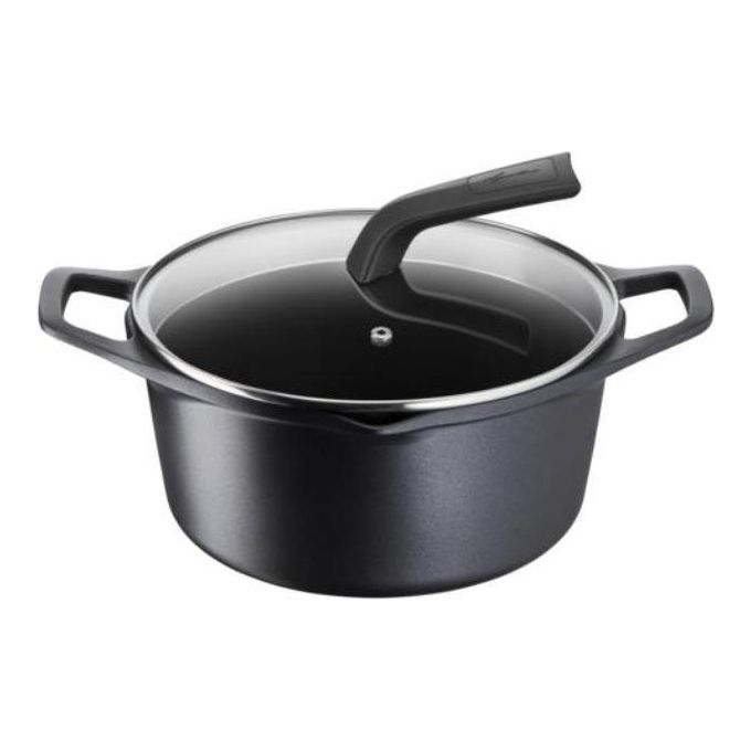 Lagostina 2100124078 Aroma Casseruola Fonda con Coperchio in Vetro Alluminio Pressofuso 24 cm Adatta a Induzione Forno e Gas Rivestimento Titanium Antiaderente con Indicatore Thermo-Signal colore Nero