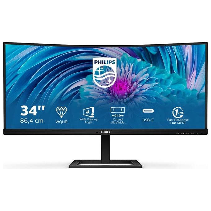 Philips 346E2CUAE E Line Monitor PC 34'' VA Curvo 3440x1440 UWQHD 100 Hz 4 ms USB-C 65W AMD FreeSync Premium colore Nero