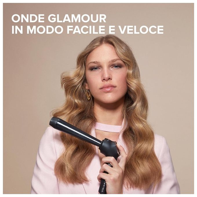BELLISSIMA 11856 Glam Waves Ferro Arricciacapelli 5 Temperature Regolabili Display Ceramica Diamond and Cheratina Riscaldamento Rapido Puntale Antiscottatura colore Nero e Rose Gold