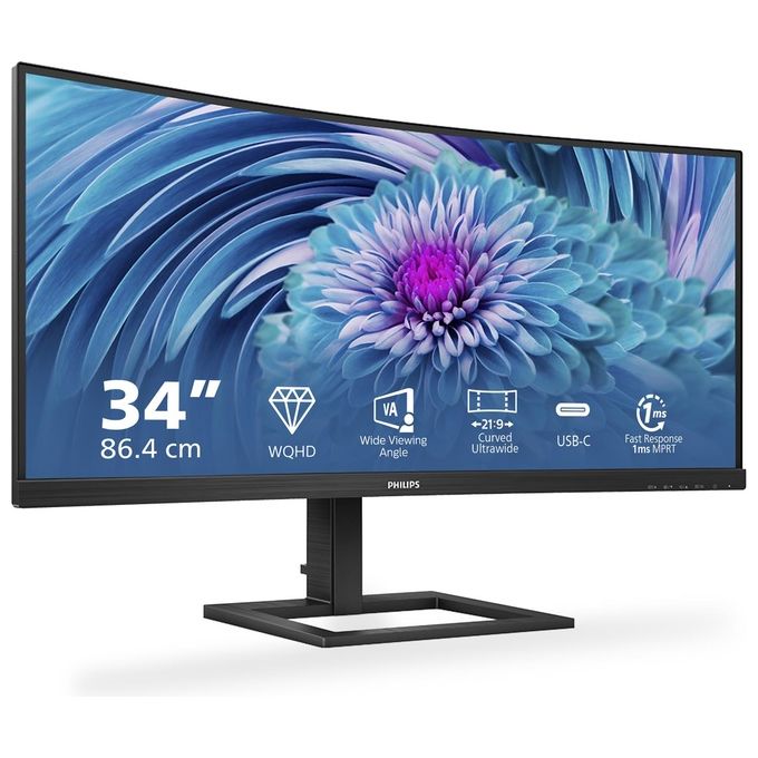 Philips 346E2CUAE E Line Monitor PC 34'' VA Curvo 3440x1440 UWQHD 100 Hz 4 ms USB-C 65W AMD FreeSync Premium colore Nero