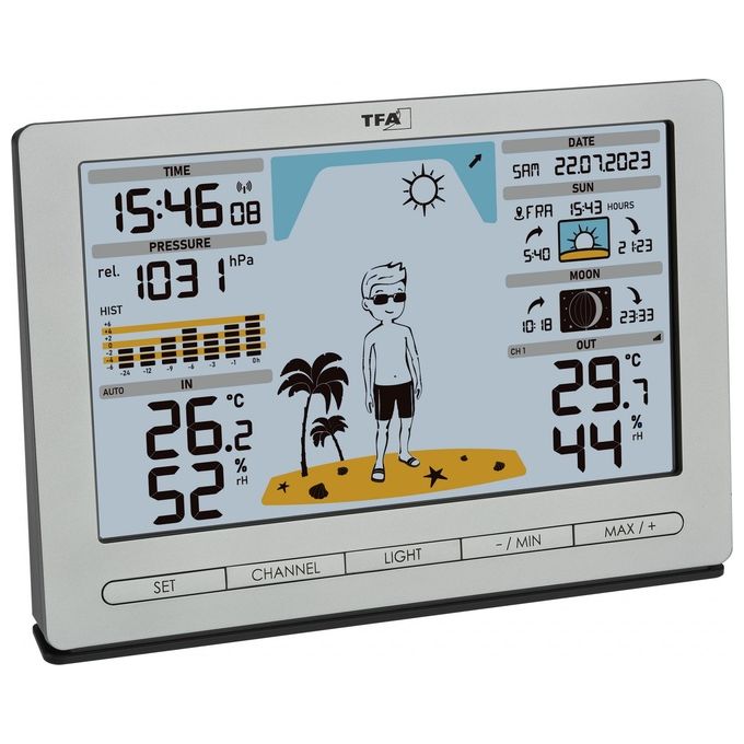 TFA-Dostmann 35.1097.54 Meteo Jack Stazione Meteo Wireless Display Colori Previsioni 12-24h Temperatura Umidita' Pressione Fasi Lunari colore Argento