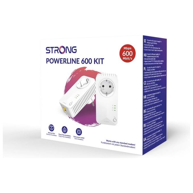 Strong POWERL600DUOEUV2 Powerline 600 v2 Kit Adattatori HomePlug AV2 600 Mbps Presa Integrata Porta LAN 100 Mbps