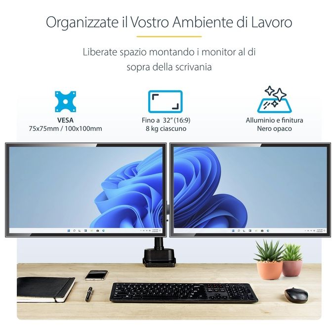 StarTech ARMDUALPIVOT Supporto Doppio Monitor da Scrivania per 2 Schermi VESA fino a 32'' 8Kg Regolabile Altezza e Orientamento colore Nero