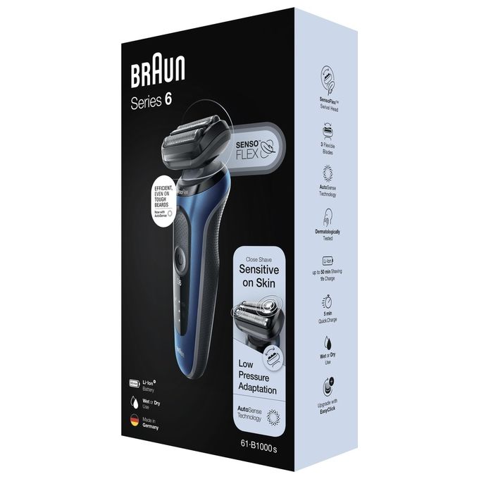 Braun 61-B1000S Series 6 Rasoio elettrico uomo a lamina WetandDry 3 testine autonomia 50 min colore Blu