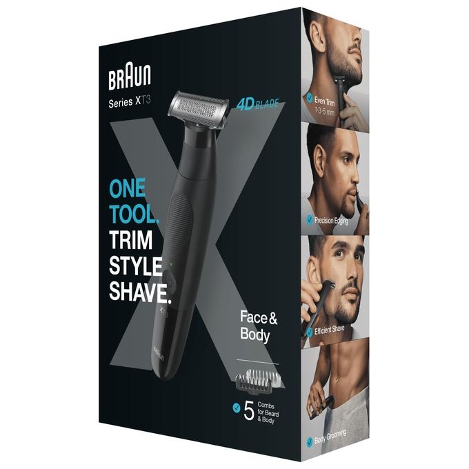 Braun XT3200 Series X Regolabarba e Rasoio Elettrico Multifunzione Lama 4D in Acciaio Inossidabile Testina Flessibile Oscillante Protezione SkinShield Autonomia 45 min Impermeabile al 100% colore Nero