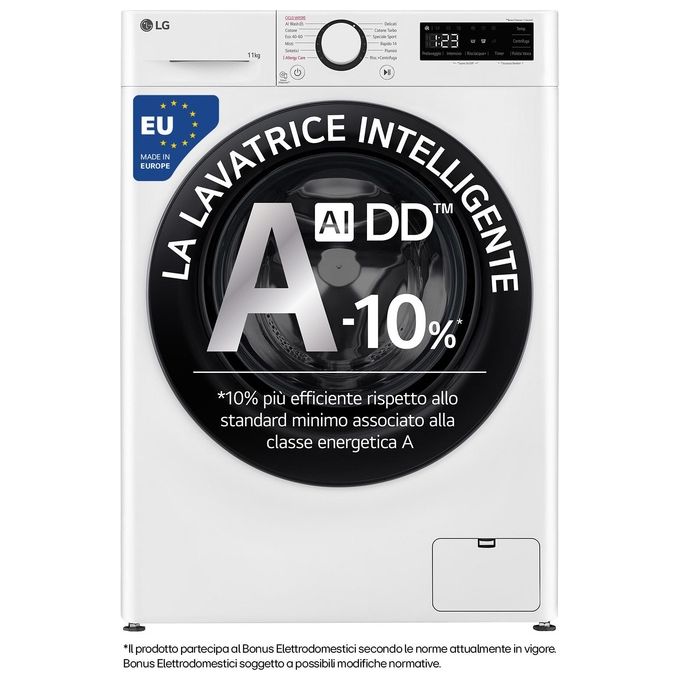 LG AI DD F4R3011NSWB Lavatrice Classe A -10% Carica Frontale Serie R3 Lavatrice 11kg 1400 giri AIWash Lavaggio a vapore Motore Direct Drive Smart Diagnosis Libera installazione Bianca
