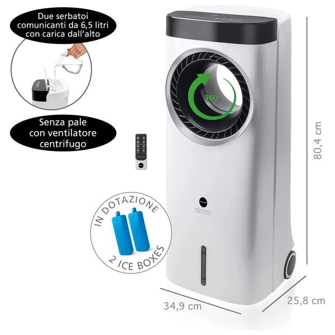 Macom 984 Bladeless Cyclone Raffrescatore Evaporativo senza Pale 6,5 L 420 m³-h 6 velocita' Timer 12 h 60 dB colore Bianco
