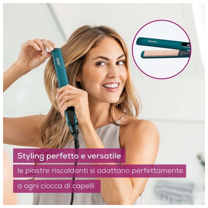 Beurer 59400 HS50 Ocean Piastra per capelli ceramica cheratina 11 livelli 120-220°C display LED spegnimento automatico colore Blu Petrolio