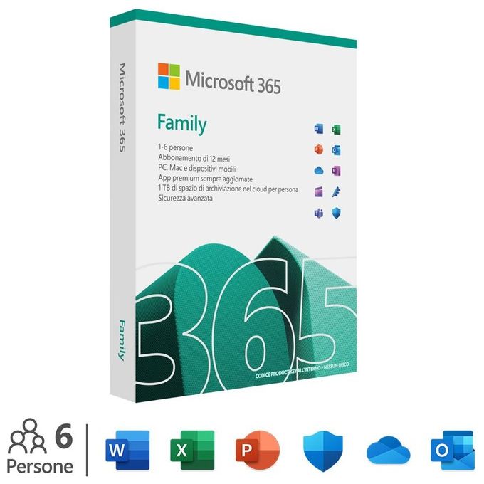 Microsoft 365 Family Abbonamento 1 Anno fino a 6 Utenti 5 Dispositivi PC Mac iOS Android 6 TB Cloud