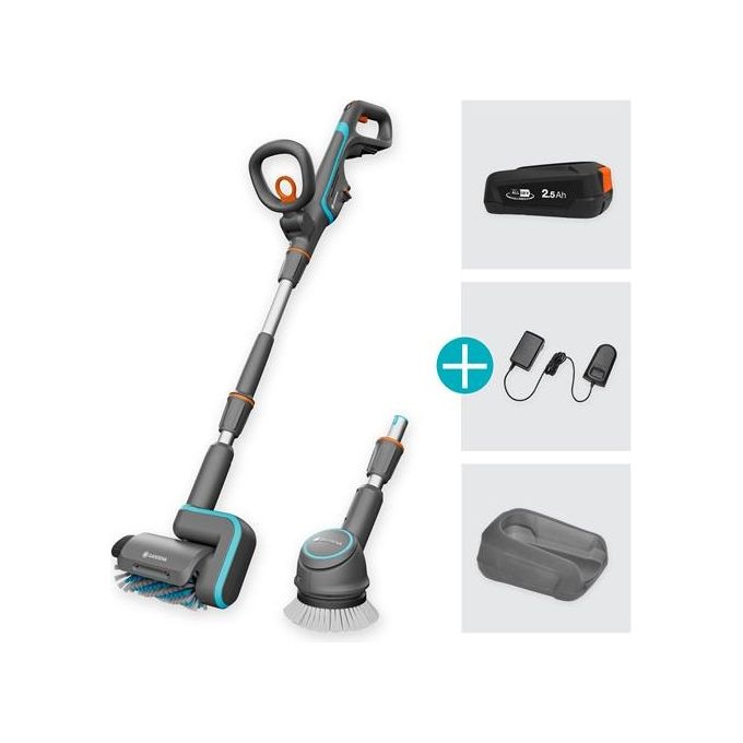 Gardena 14842-20 AquaBrush Universal Dispositivo di Pulizia Elettrico per Patio Alimentazione Batteria 18 V Capacita' 2,5 Ah Colore Verde Grigio Arancione