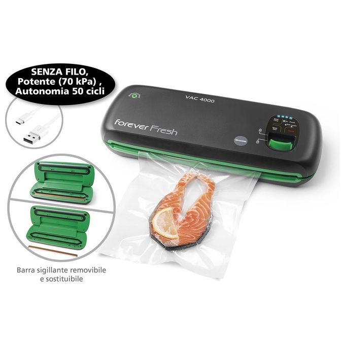 Macom VAC4000 Forever Fresh Macchina Sottovuoto Cordless Barra Sigillante 28 cm Autonomia 50 cicli USB colore Nero Verde
